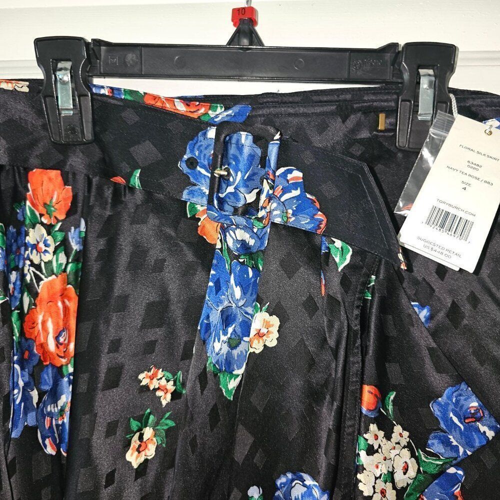 Tory Burch Floral SILK WRAP RUFFLE SKIRT WITH BELT in Black - Size 4 - Picture 9 of 16